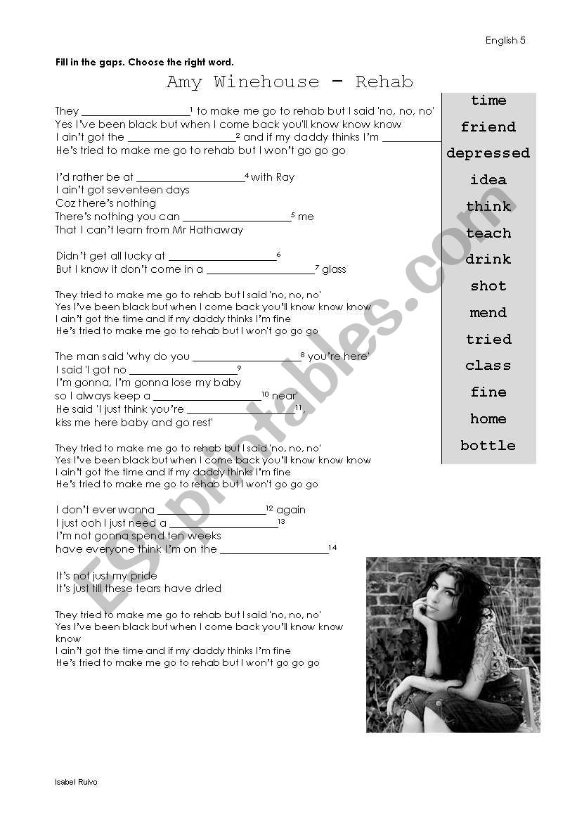 Rehab by Amy Winehouse worksheet