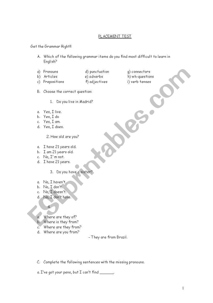 placement test worksheet