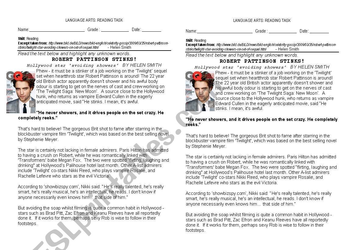 Robert Pattinson Stinks! worksheet