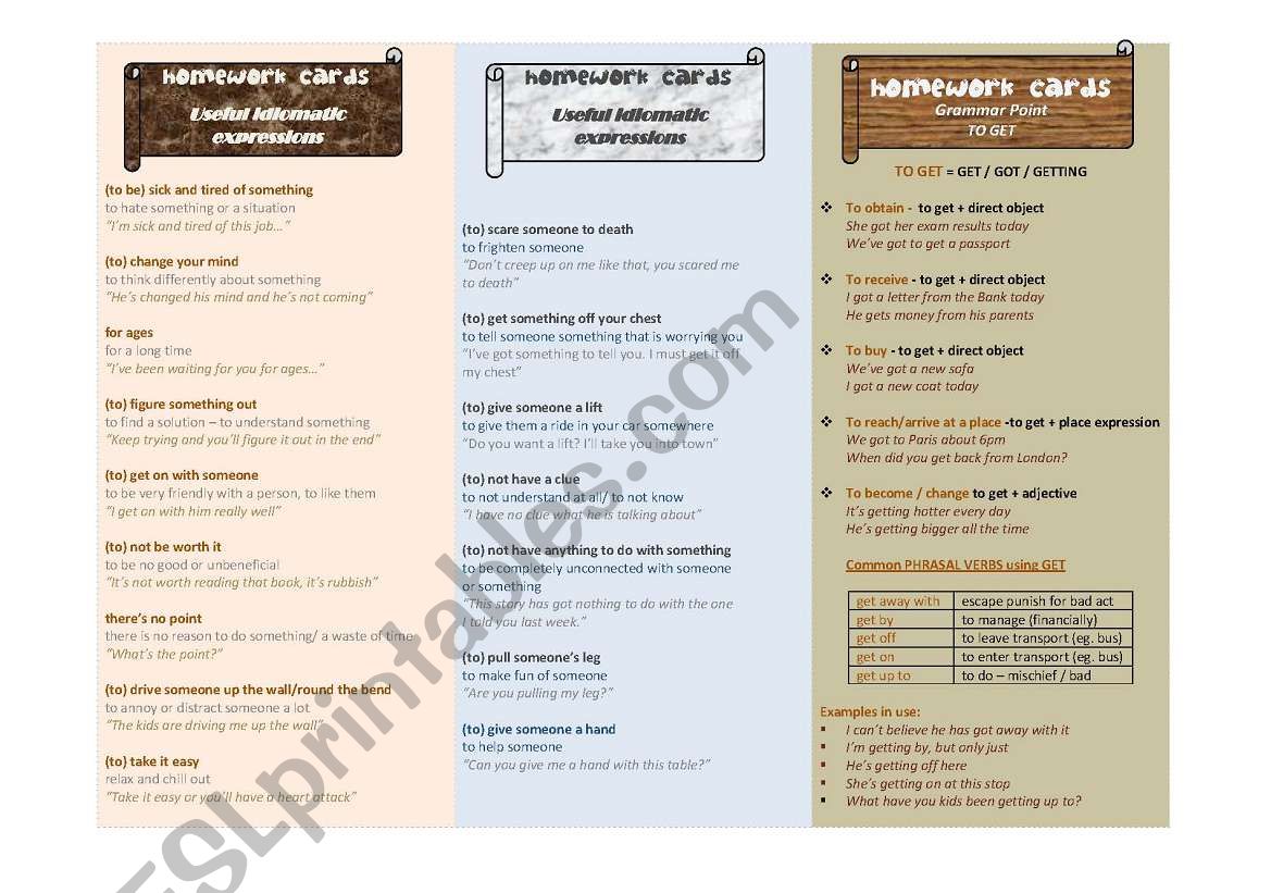 Homework Cards - x 3 different.  IDIOMATIC EXPRESSIONS and GRAMMAR POINT - To get