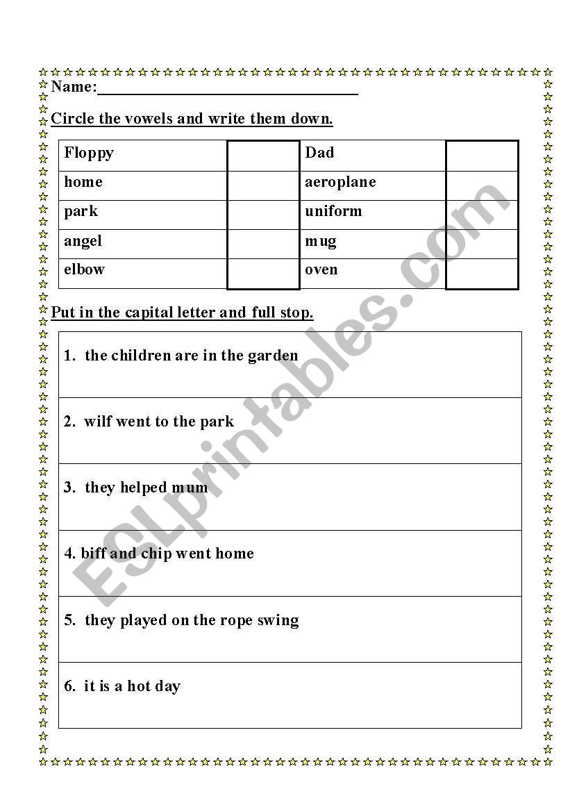 Vowels and Capital Letter and Full stop