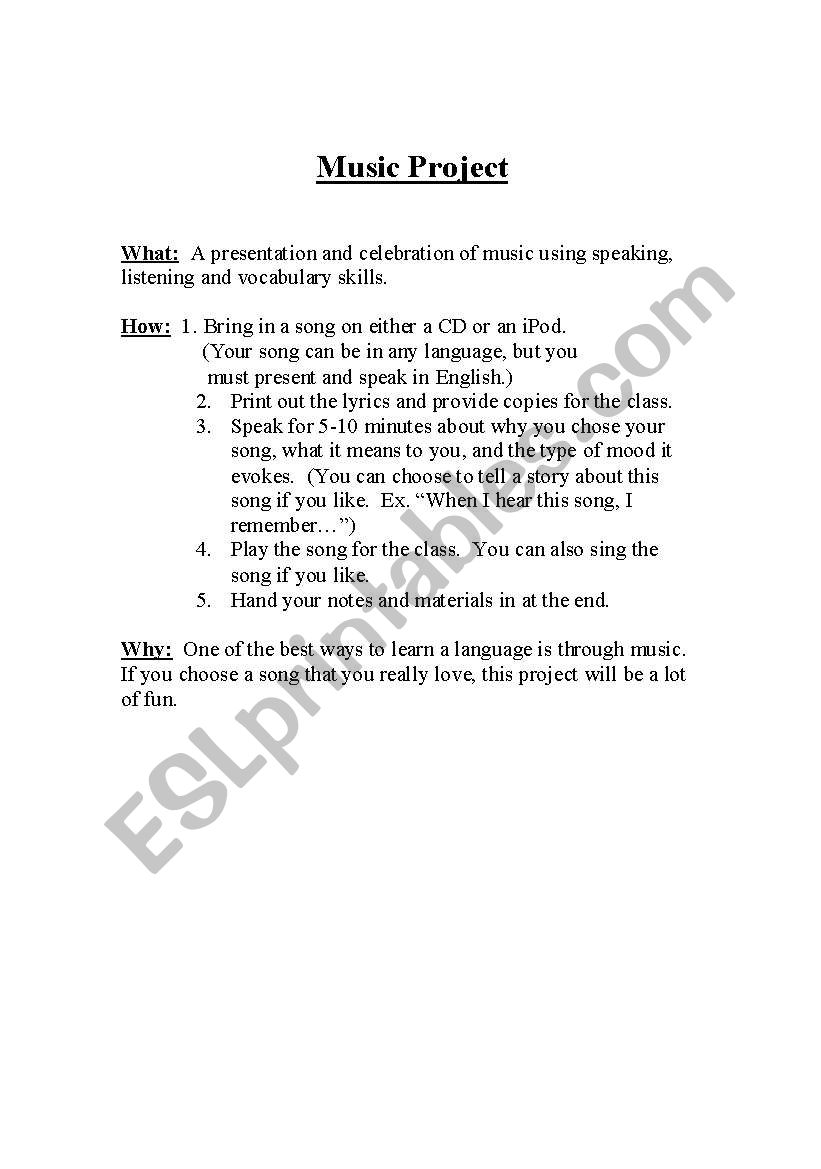 Music Project worksheet