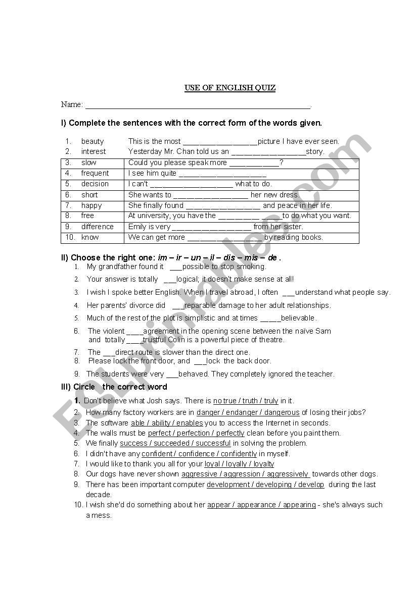 USE OF ENGLISH QUIZ worksheet