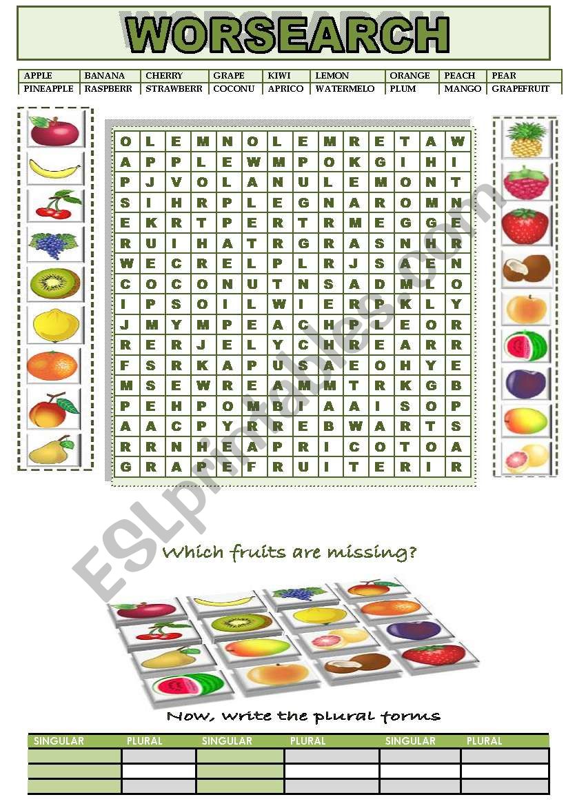 FRUITS AND PLURALS: WORDSEARCH