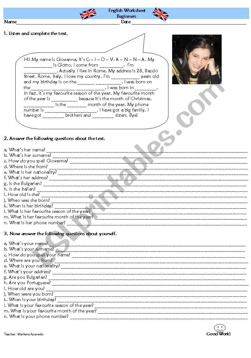 Personal Identification worksheet