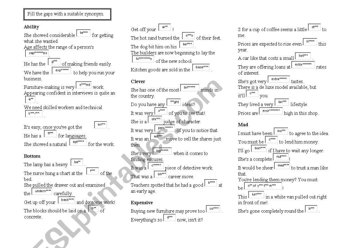 Synonyms worksheet