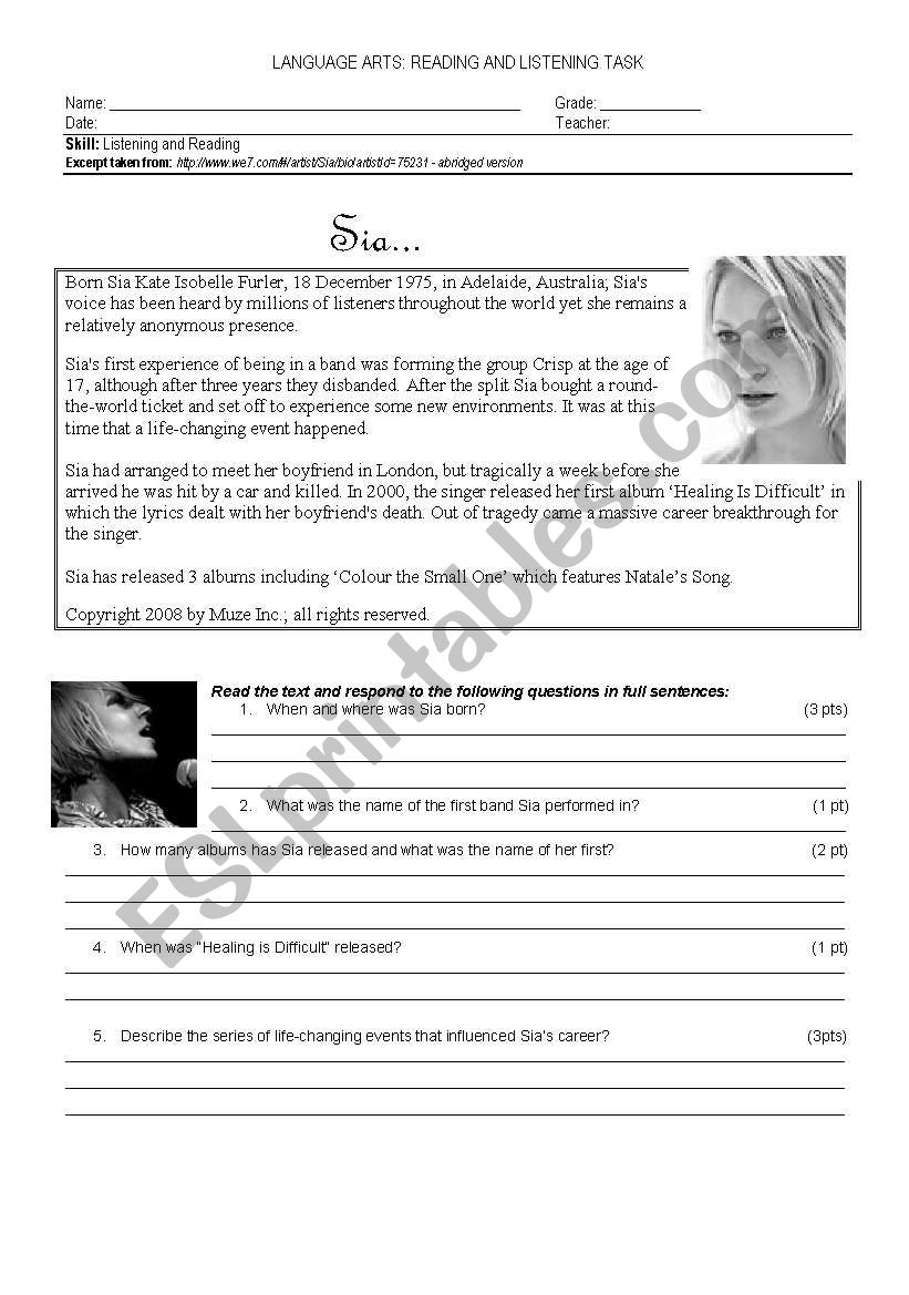 Natales Song - Sia worksheet