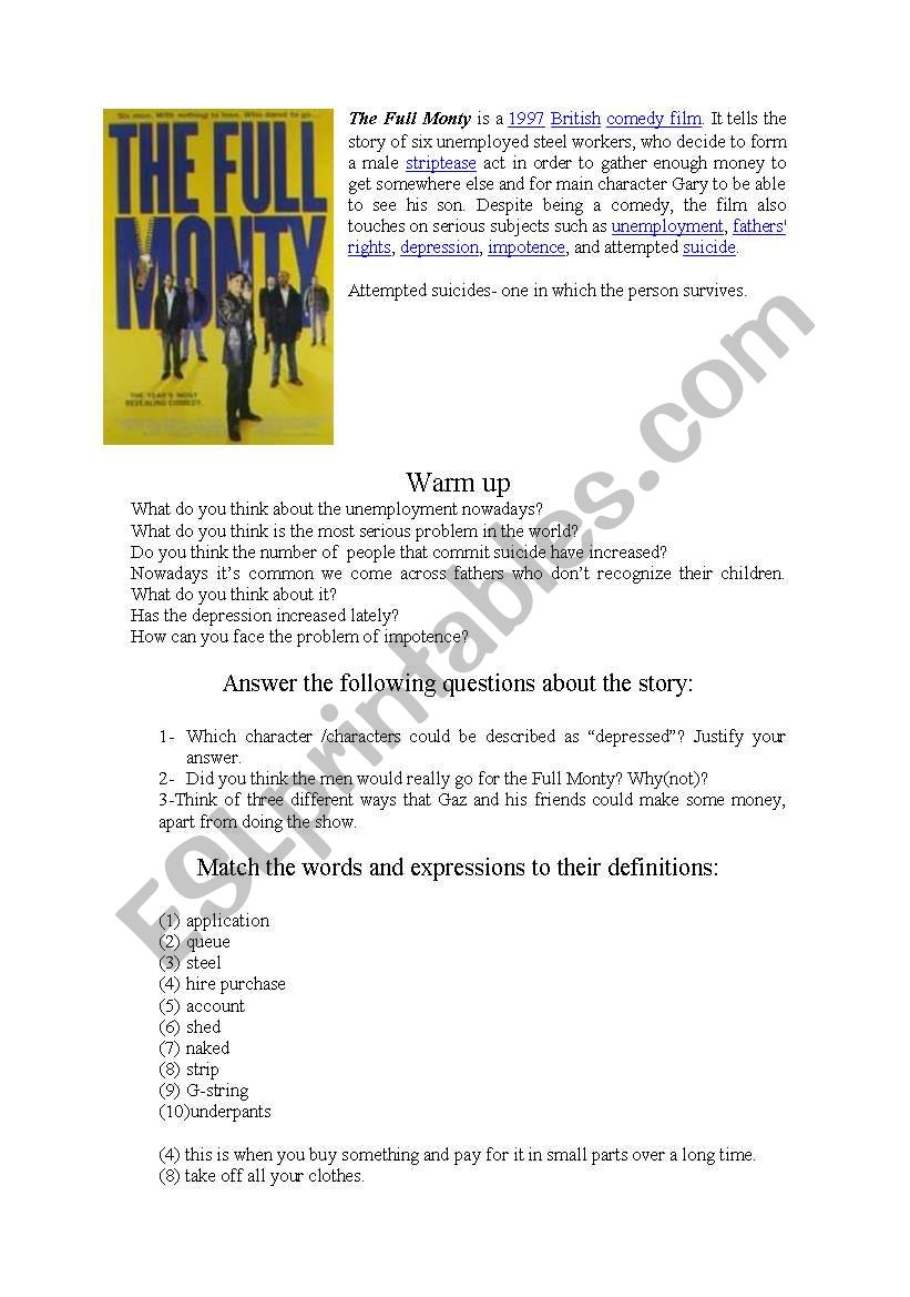 the full monty worksheet