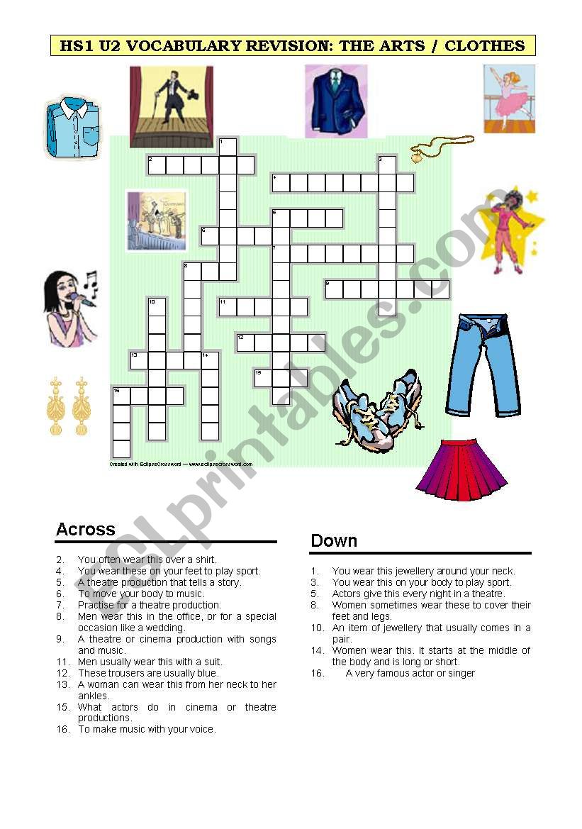 Crossword: The arts + clothes vocabulary