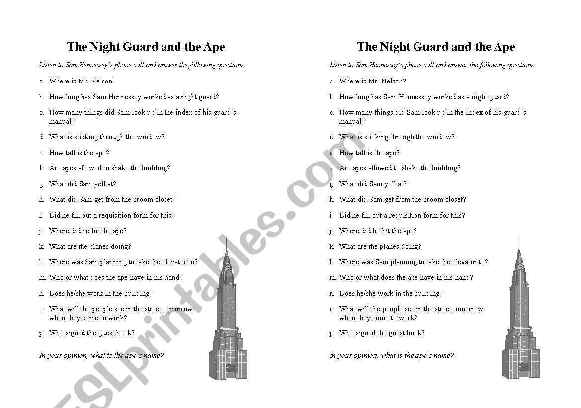 Bob Newhart - King Kong worksheet