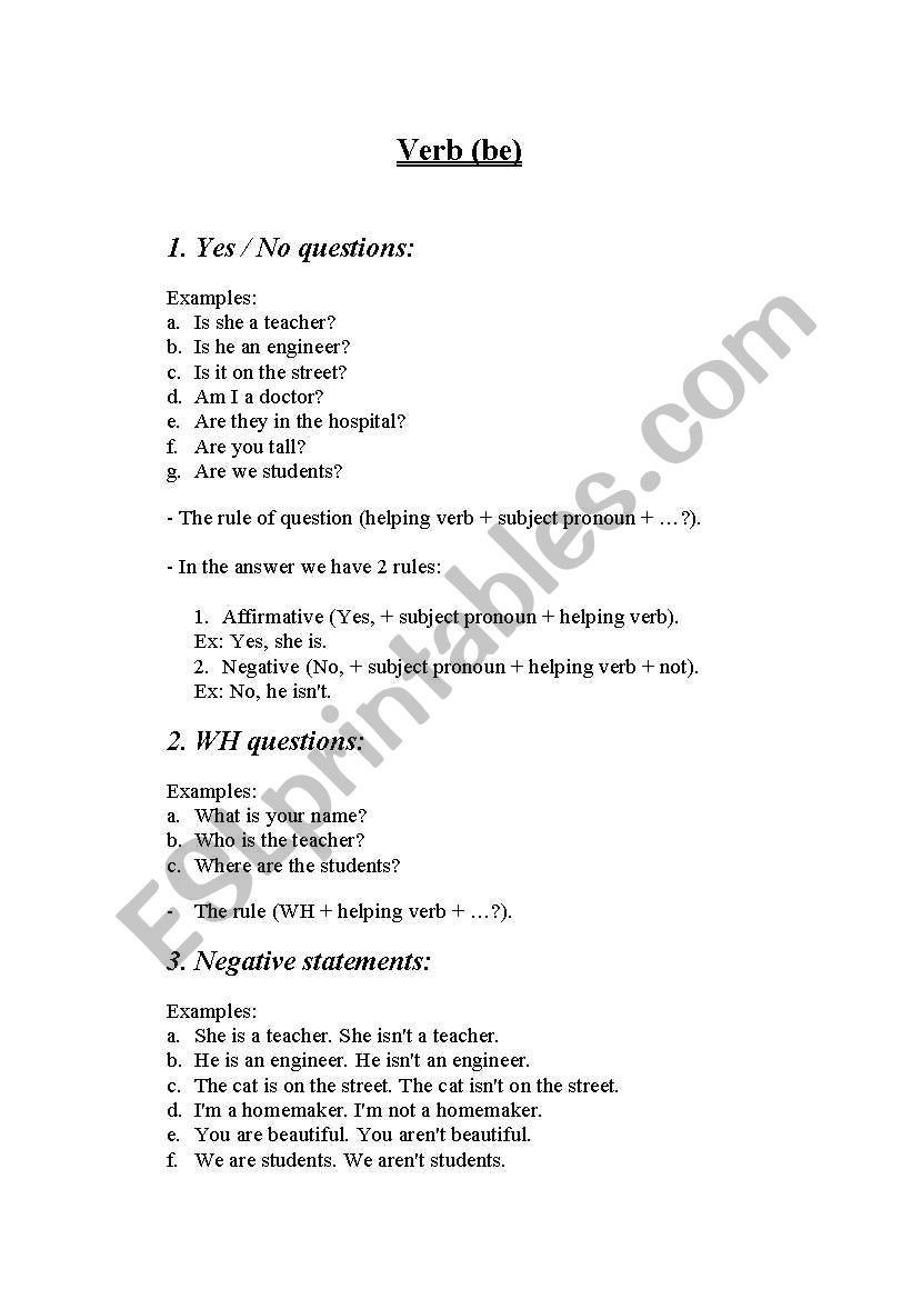 verb to be worksheet