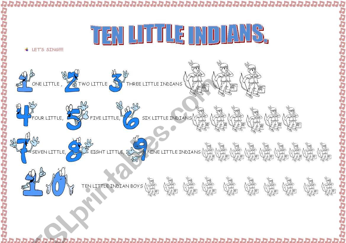 the song TEN LITTLE INDIANS (3-page exercises)