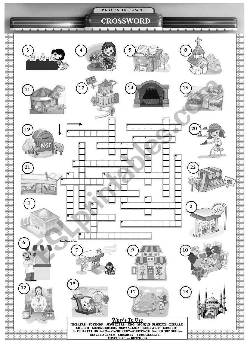 Places in Town Crossword (B&W Version)