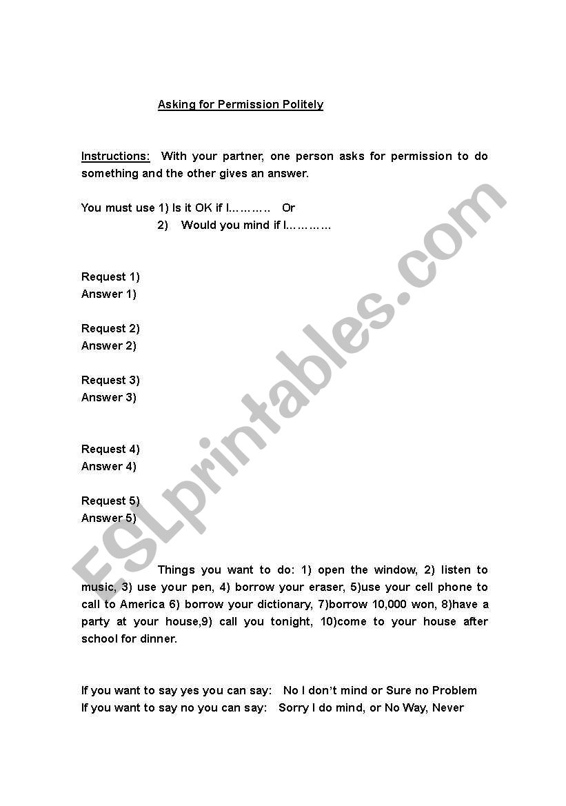 Asking for Permission worksheet