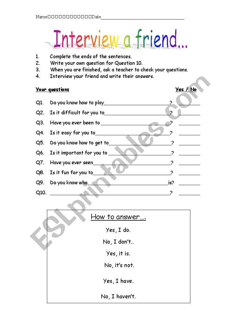 Interview a friend worksheet