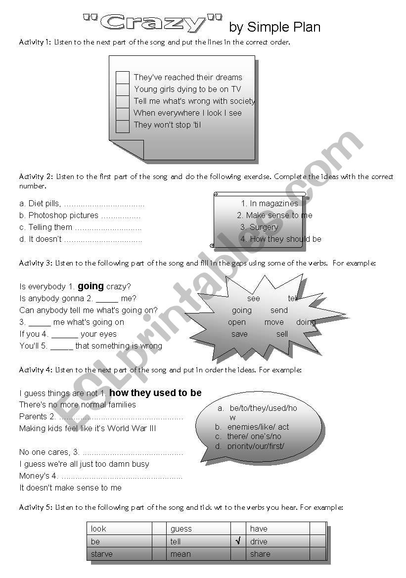 Crazy by Simple Plan worksheet