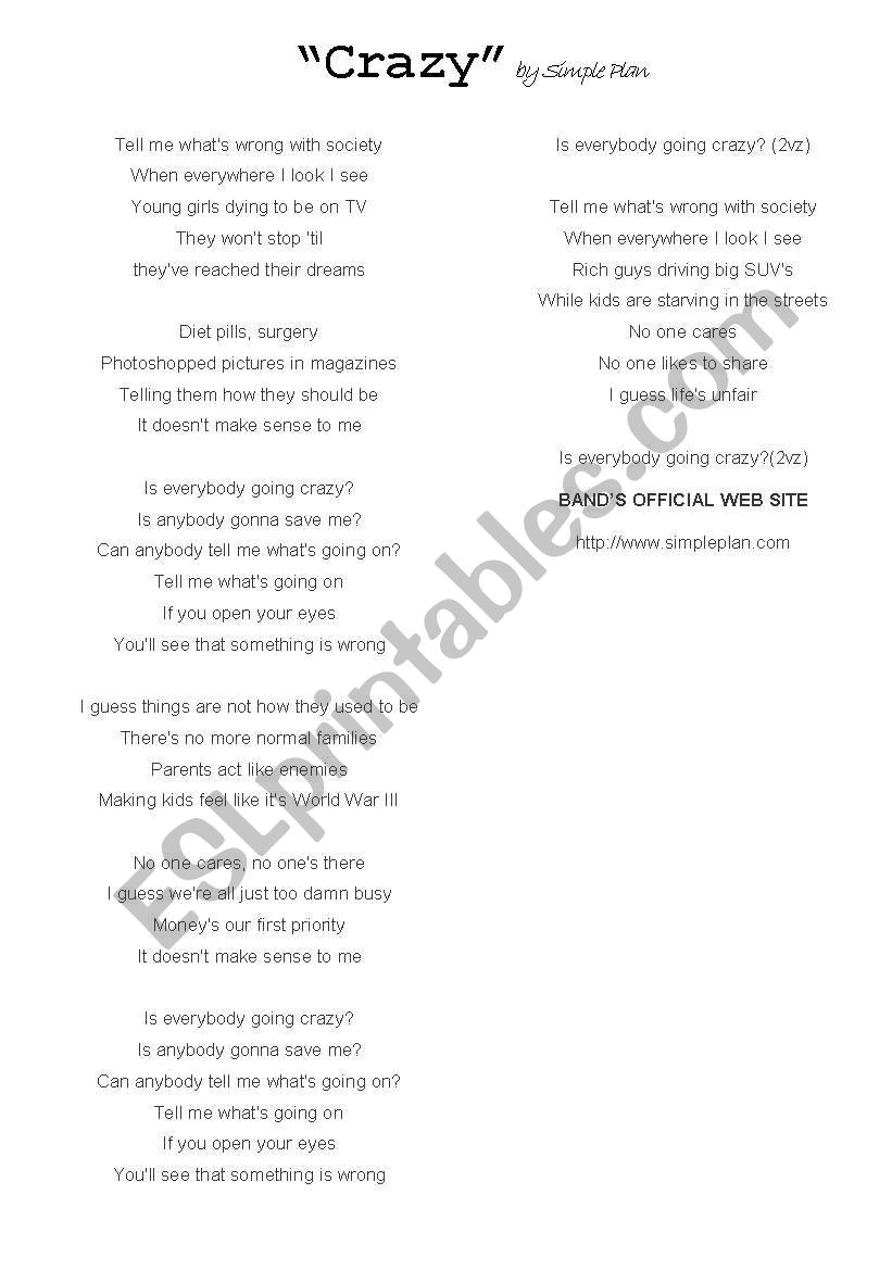 English worksheets: lyric of the song Crazy by Simple Plan