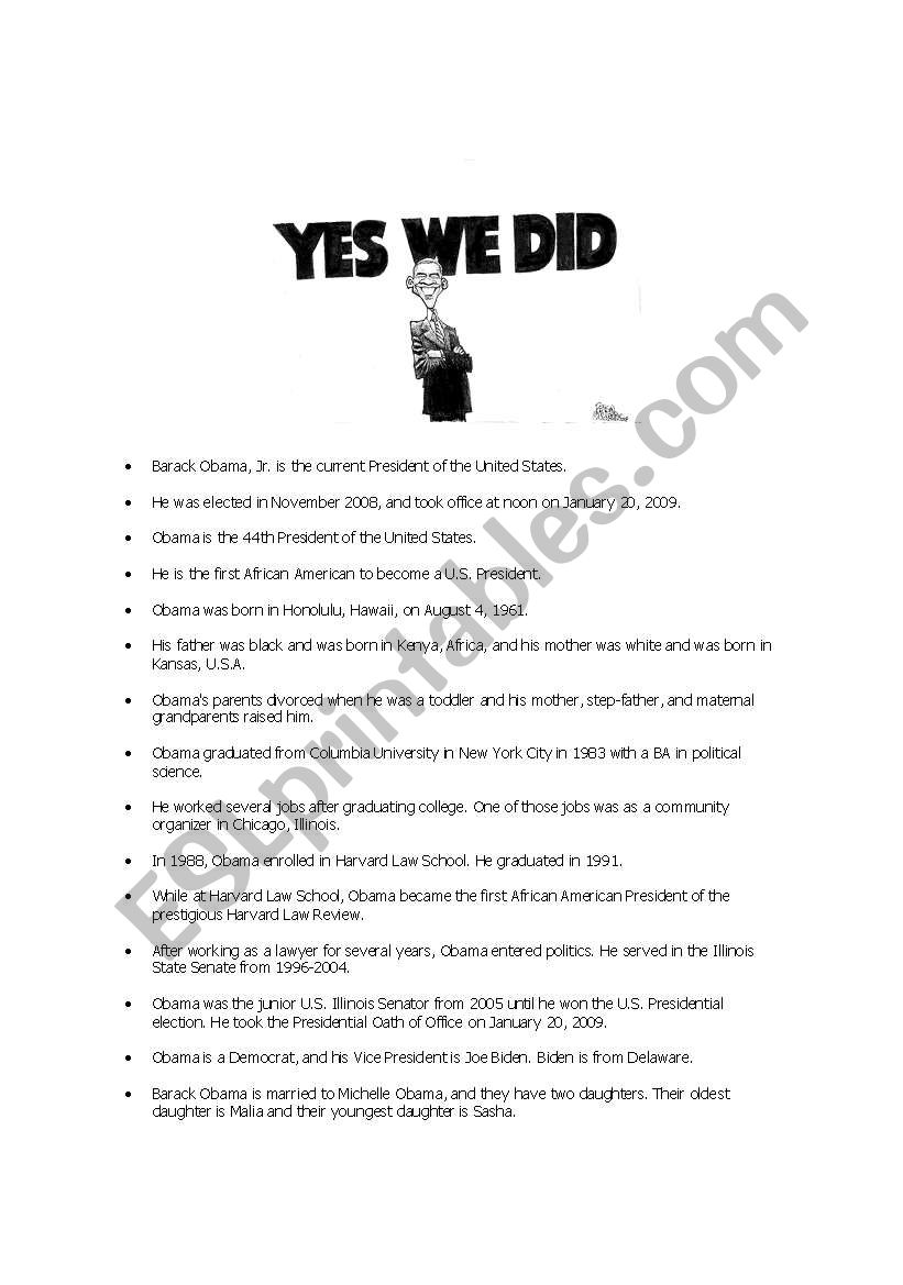 Barack Obama Fact Sheet worksheet