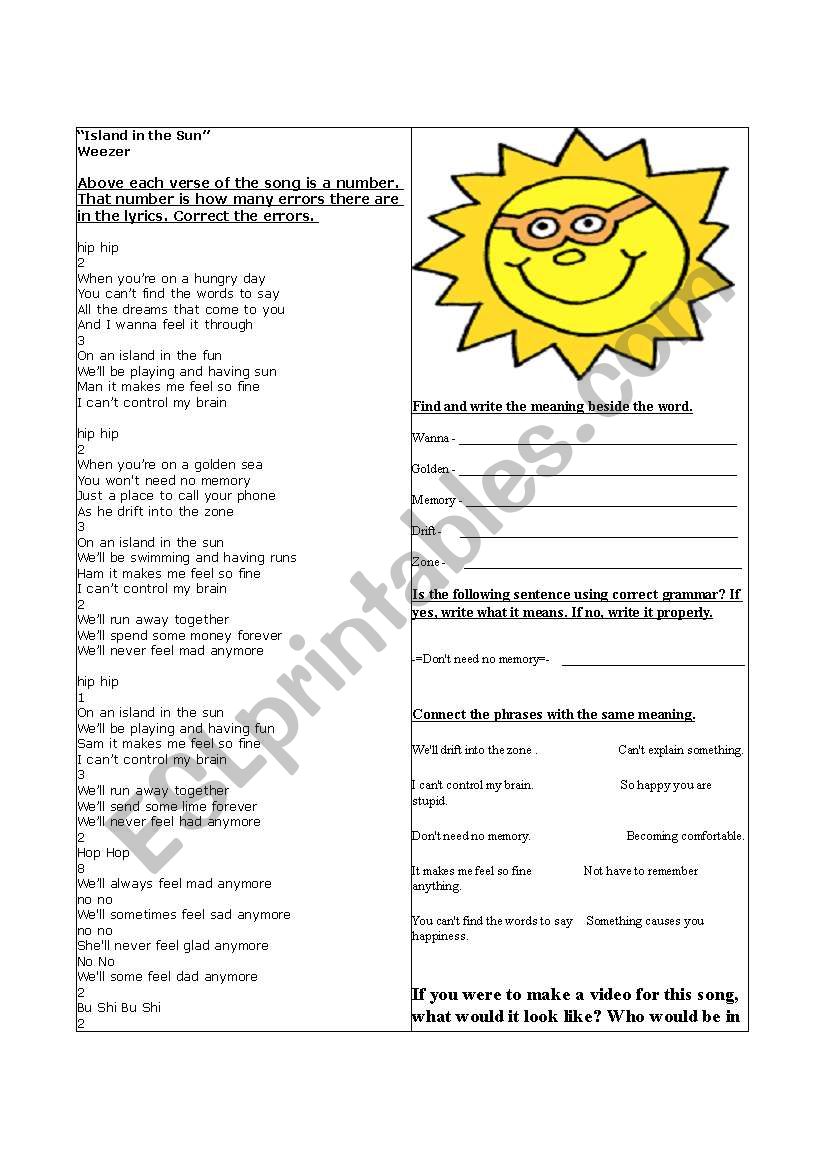 Island in the Sun Weezer ESL Worksheet