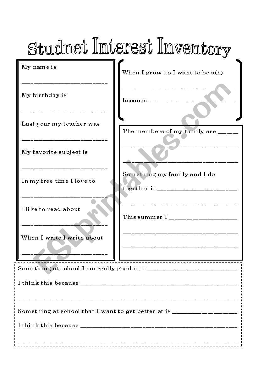 Student Interest Inventory worksheet