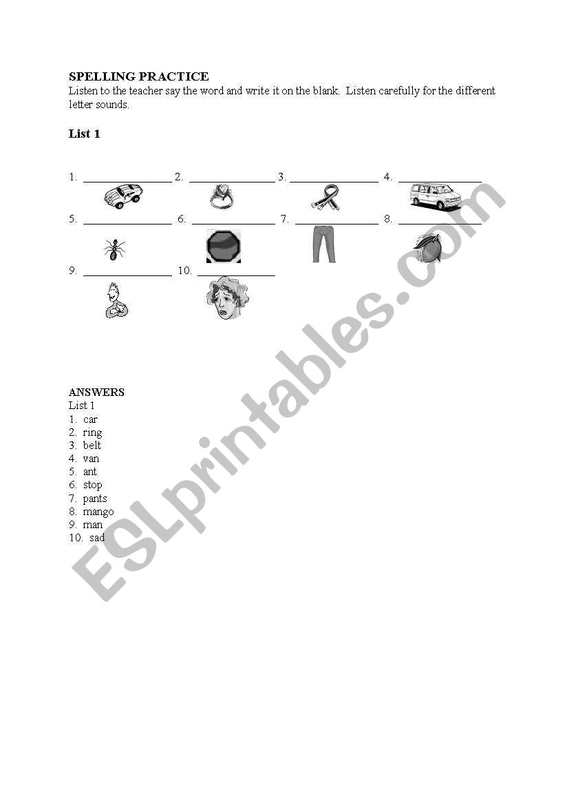 SPELLING PRACTICE LIST 1 worksheet