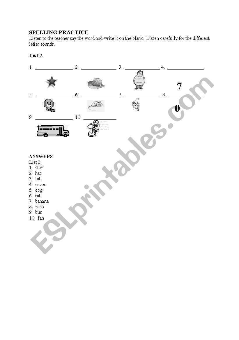 SPELLING PRACTICE LIST 2 worksheet