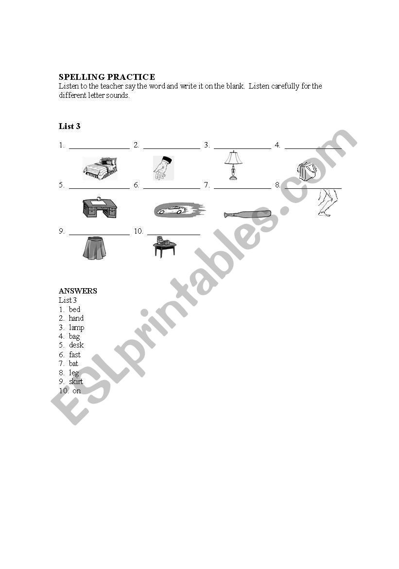 SPELLING PRACTICE LIST 3 worksheet