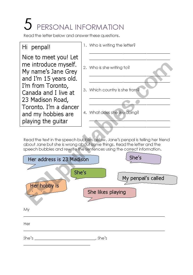 Personal Information worksheet