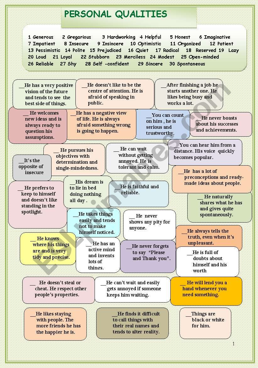 Personal qualities worksheet