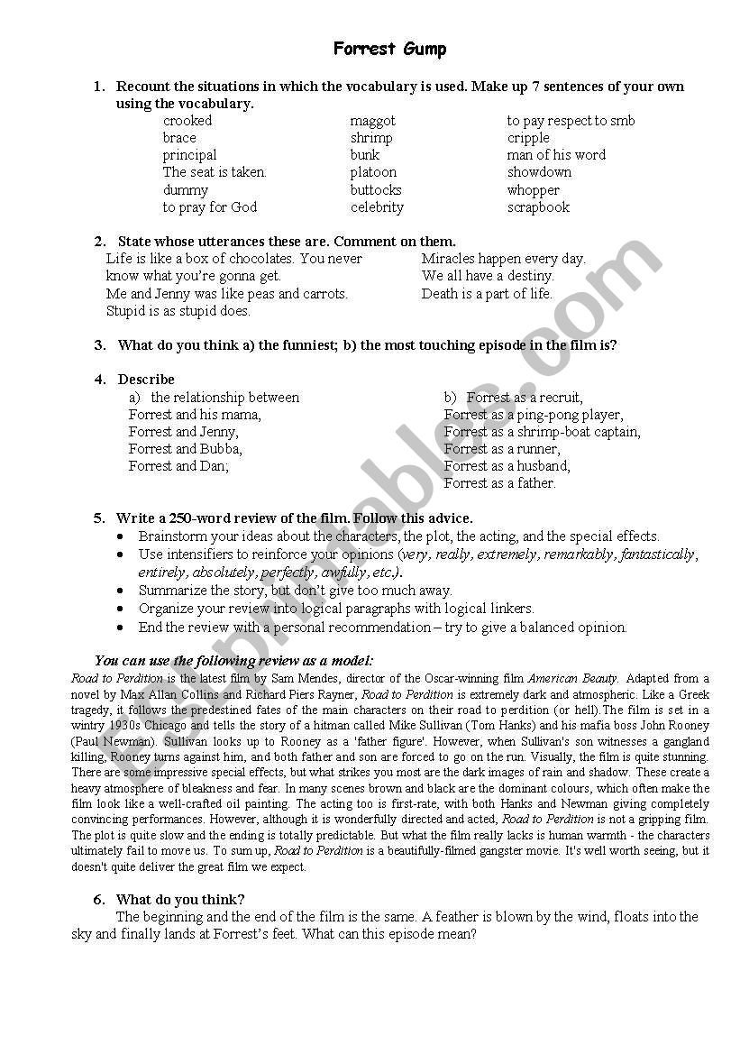 Forrest Gump - Movie -Tasks worksheet