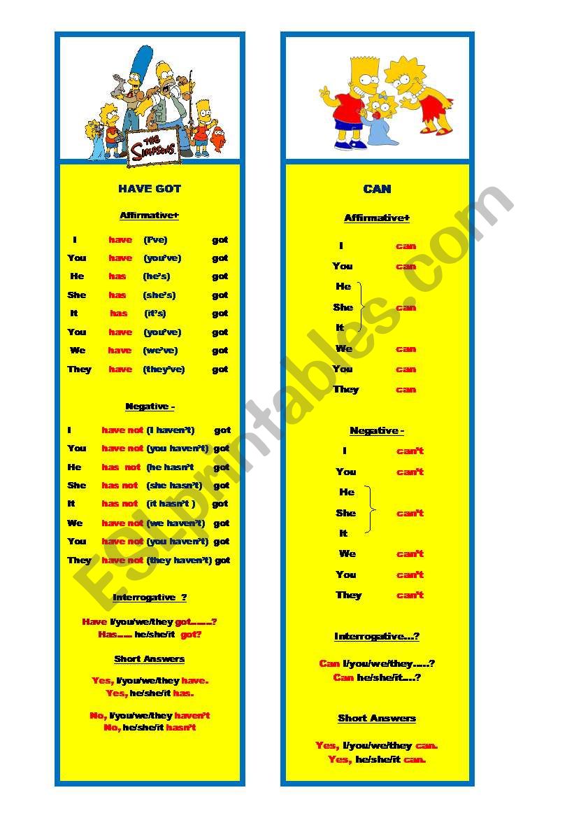 HaveGot/Can Bookmarks worksheet