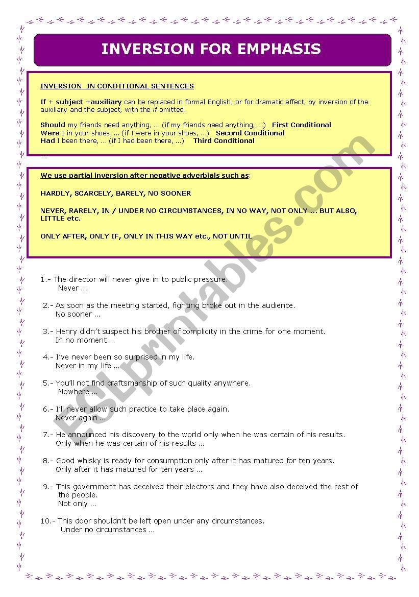 Inversion for emphasis worksheet