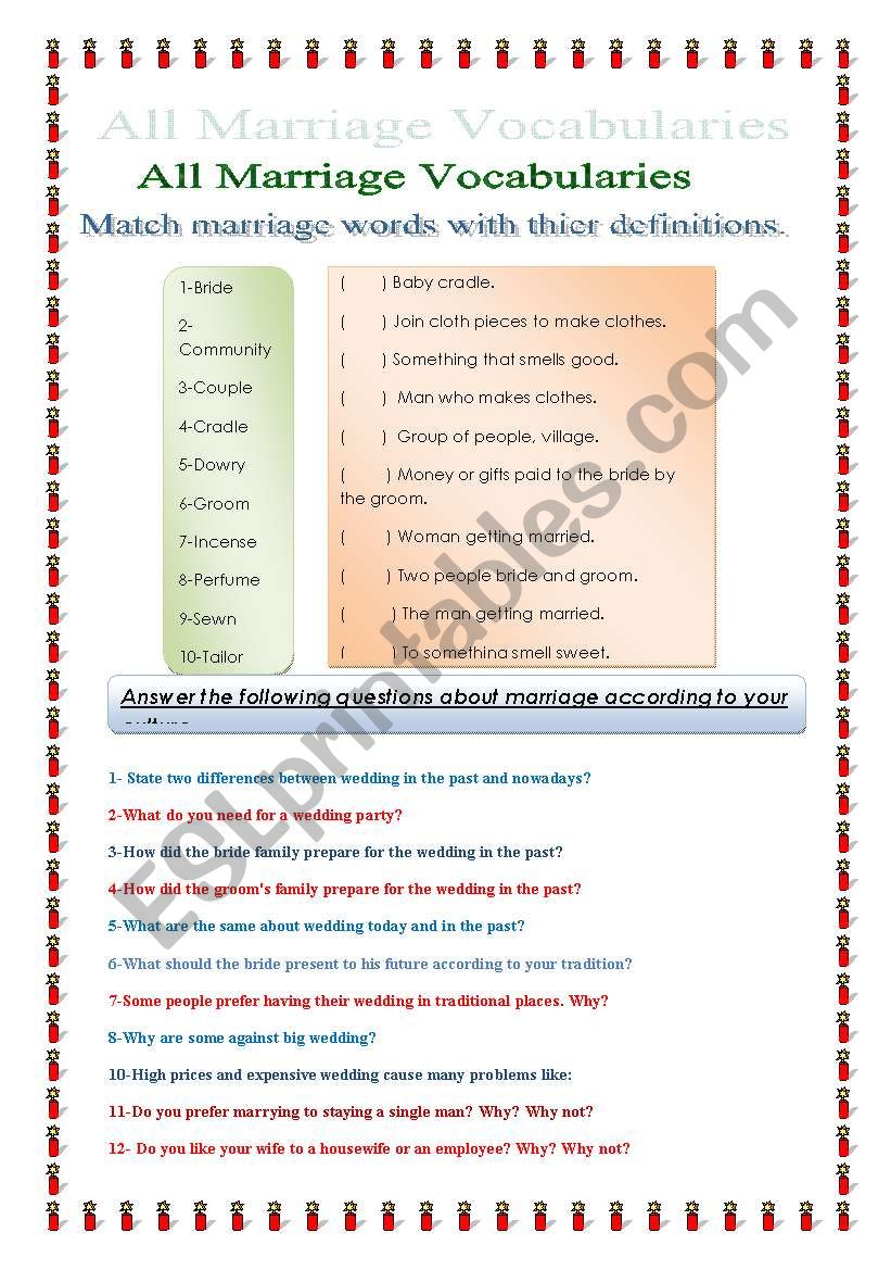 All marriage vocabularies worksheet