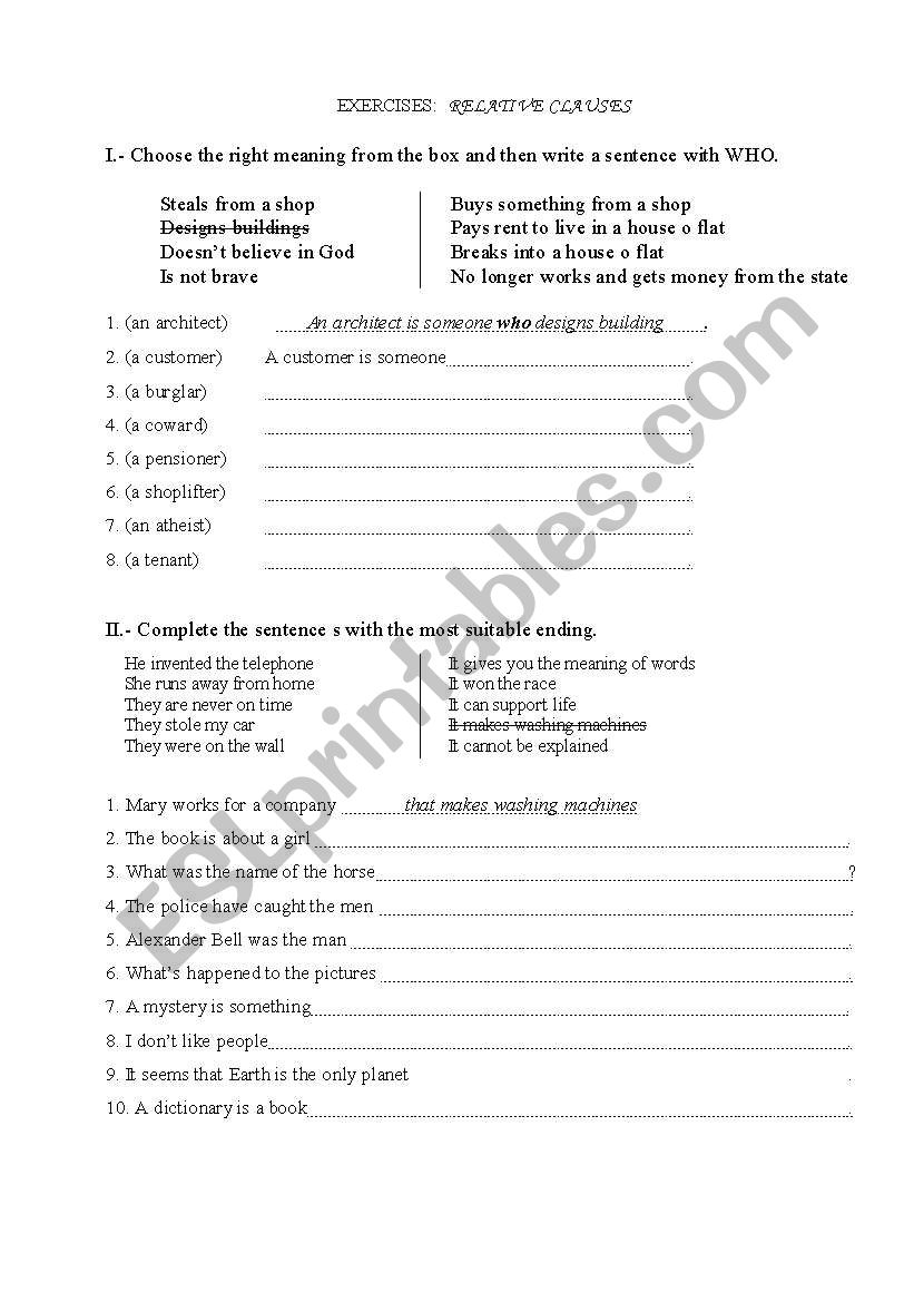 Relative Clauses worksheet