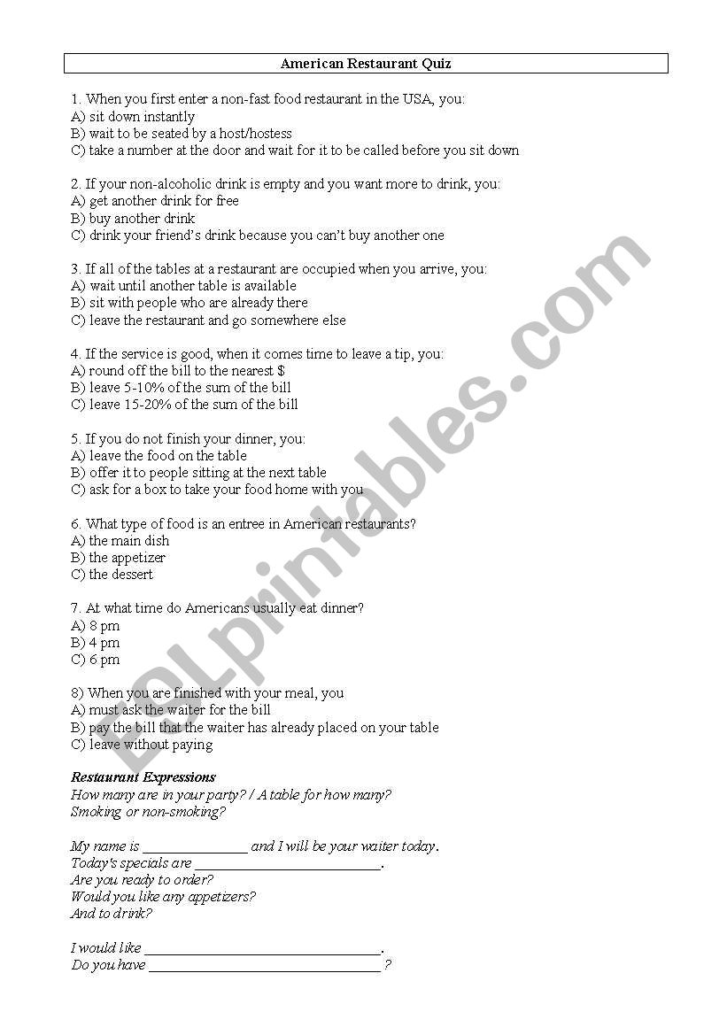 American Foods worksheet