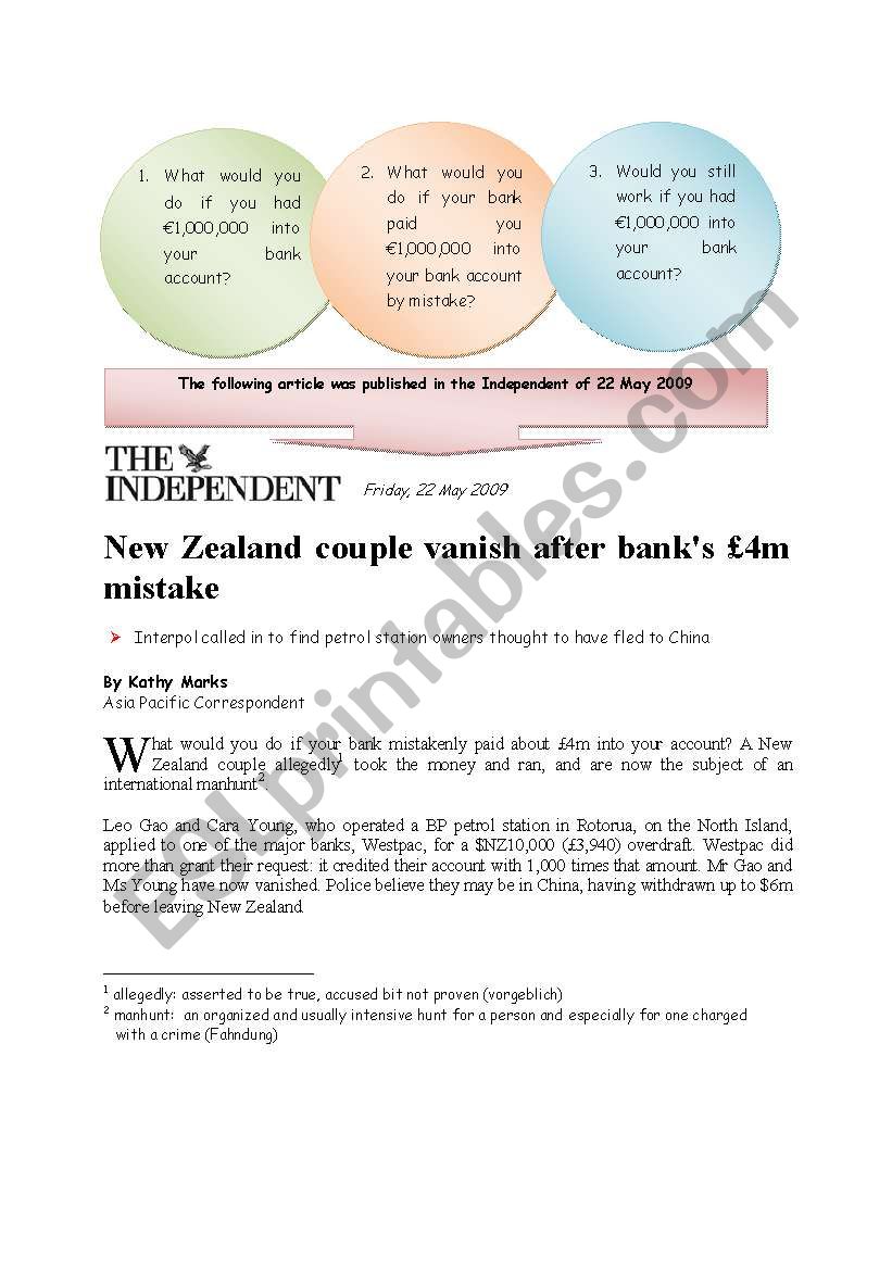 Couple vanish after bankÂ´s Â£4m mistake - practising conditional 2, newspaper article (3 pages)