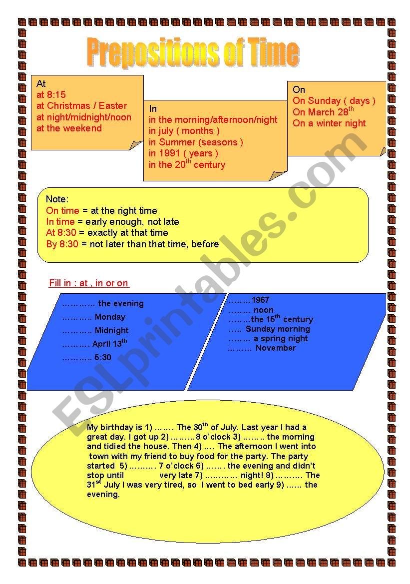 Prepositons of Time worksheet