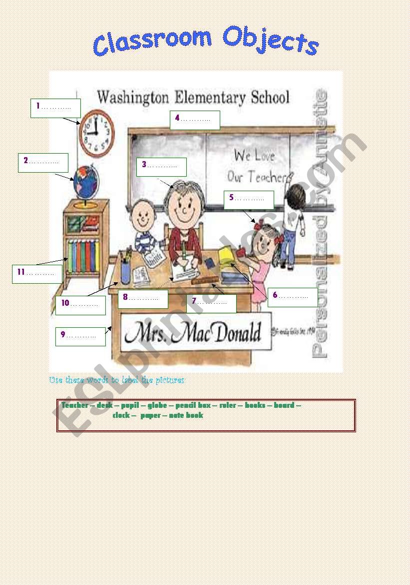 classroom objects worksheet