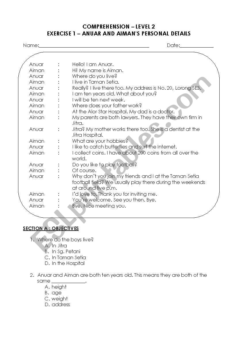 comprehension worksheet