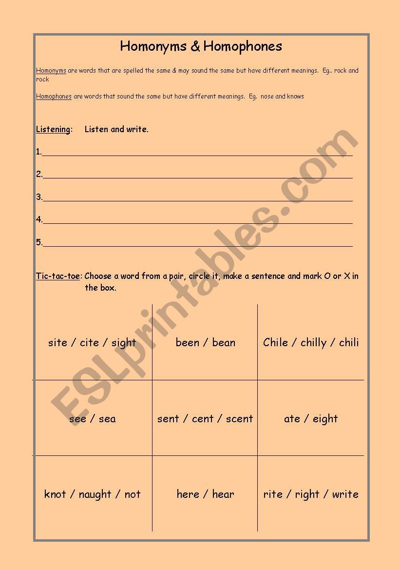 Homonyms and Homophones worksheet