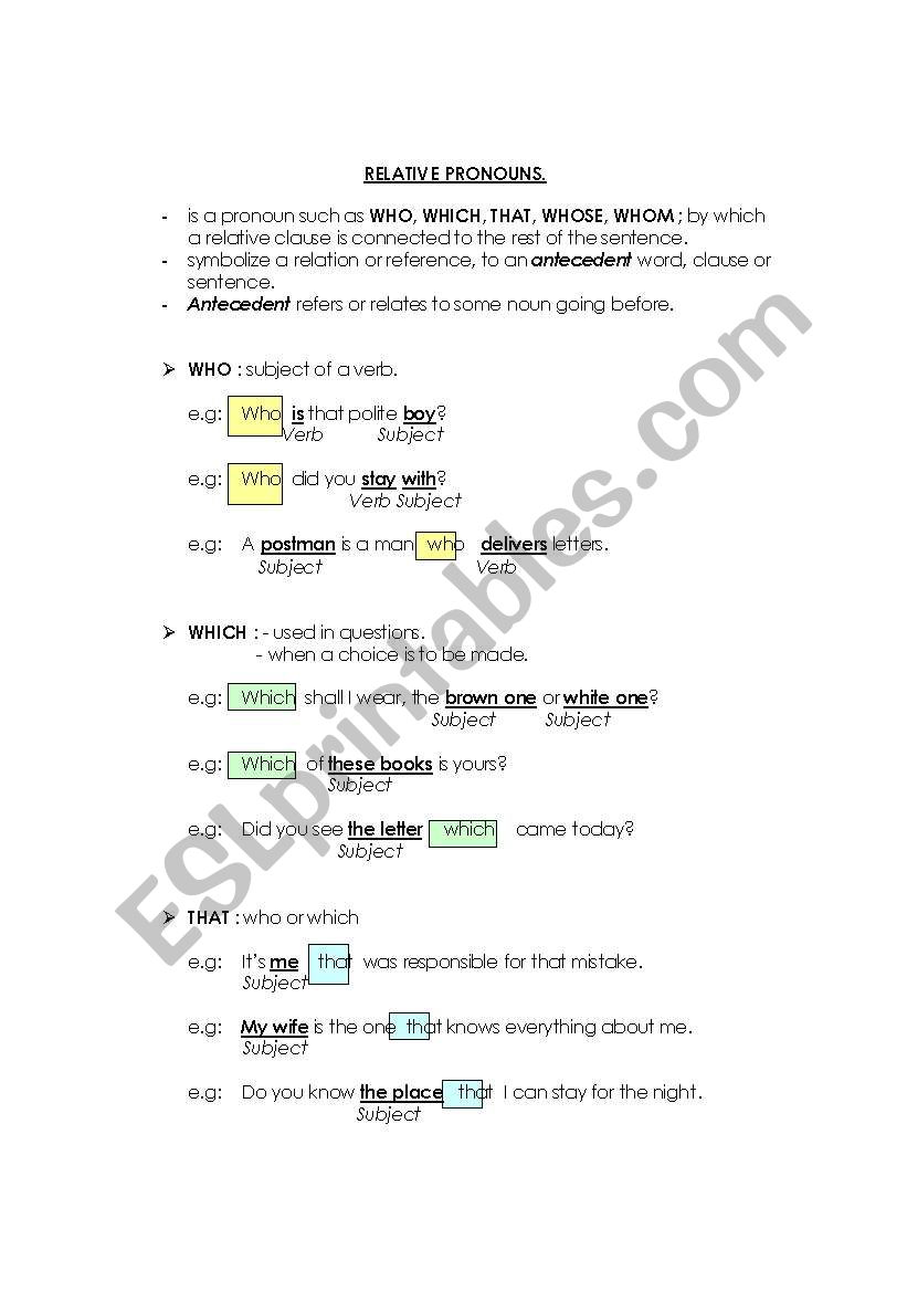 relative pronouns worksheet