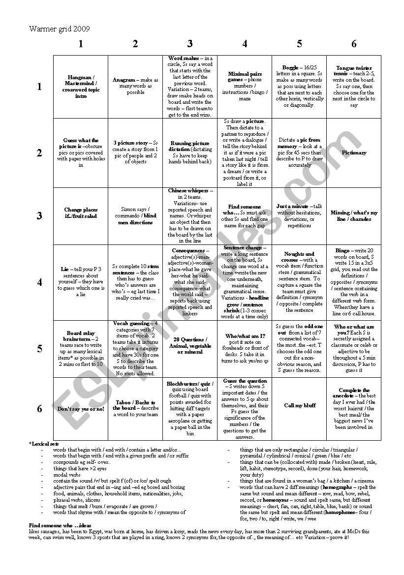 Warmers grid for teachers plus list of minimal pairs