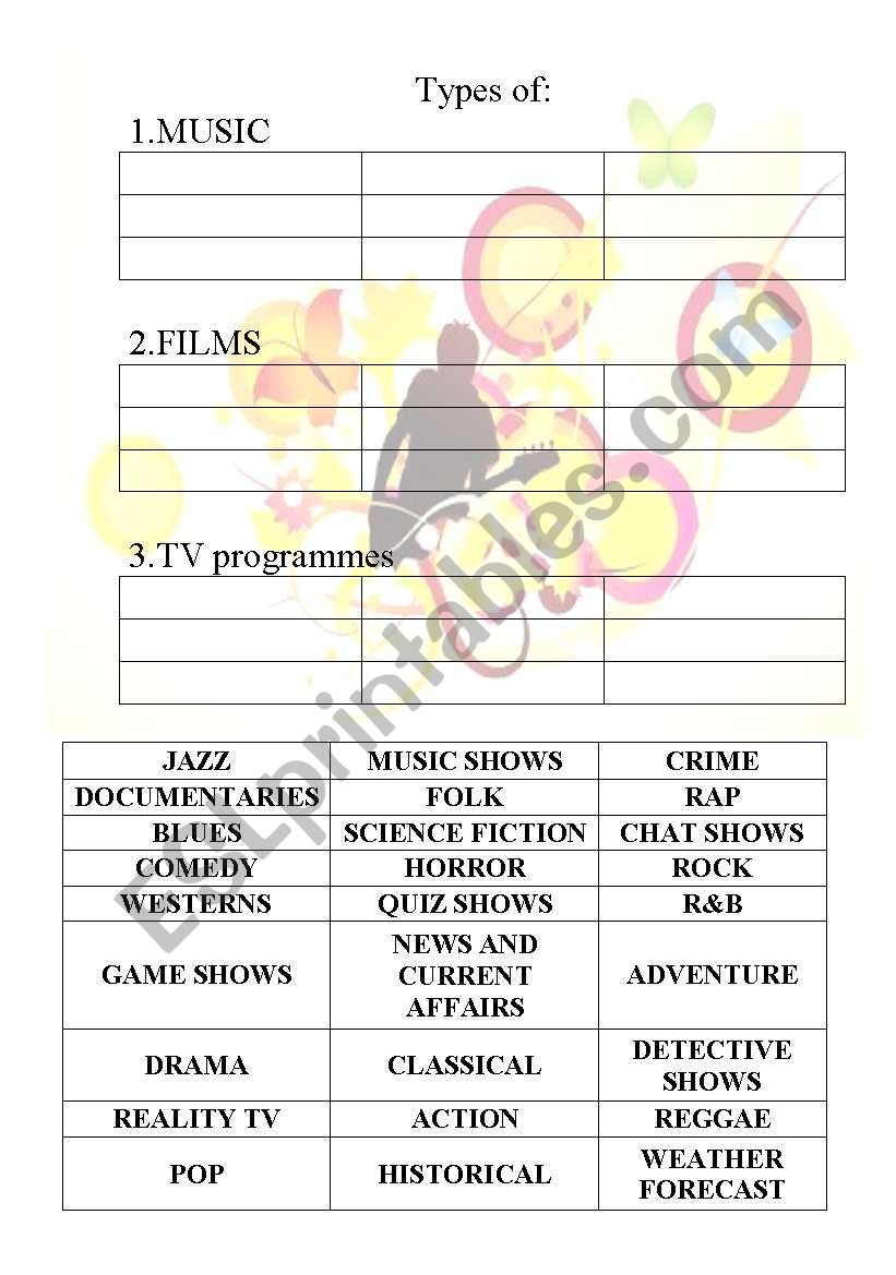 types of music and films worksheet