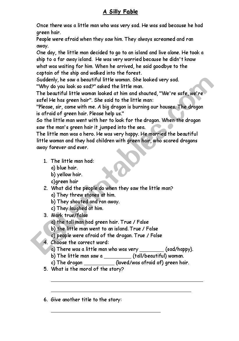 A Silly Fable worksheet