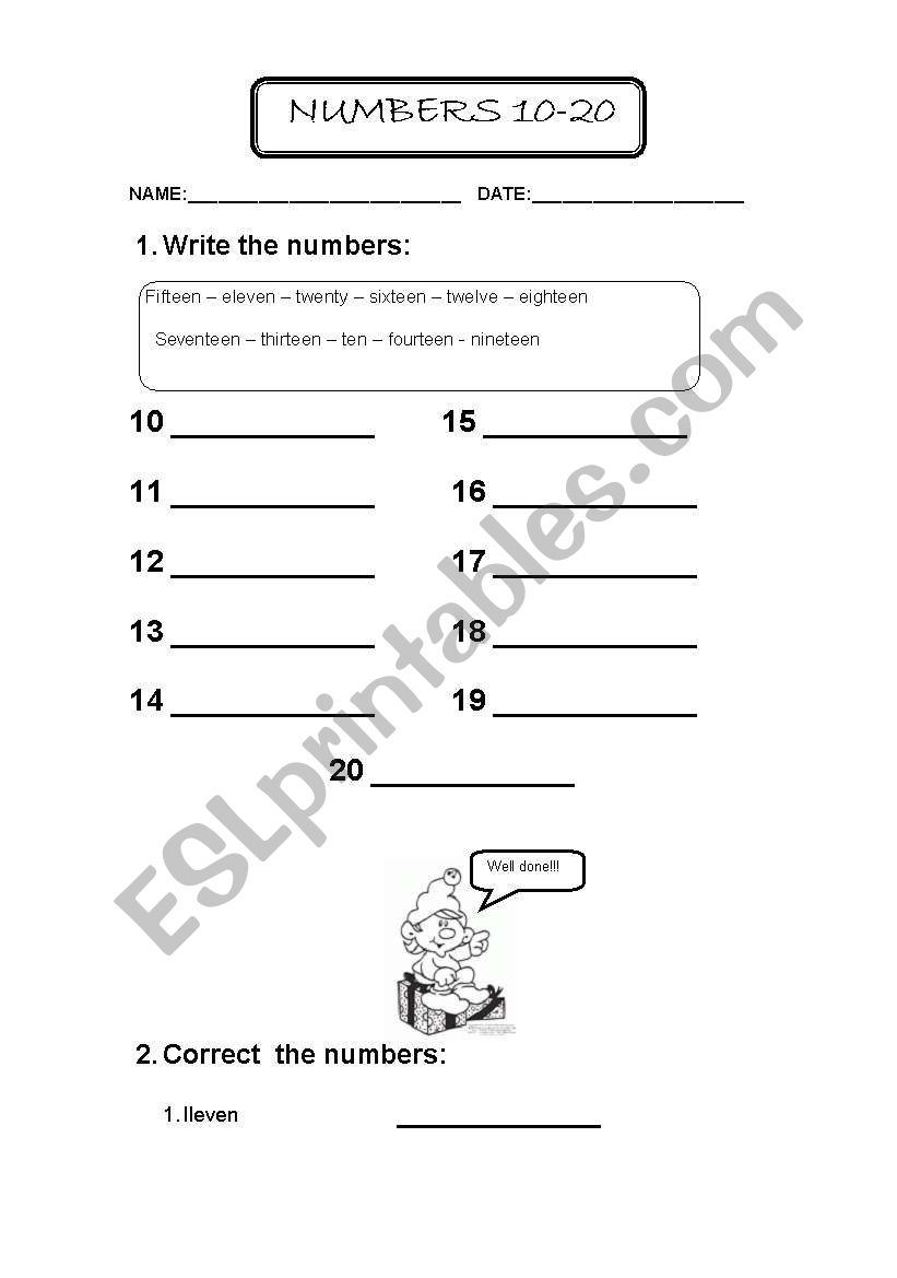 numbers 10 -20 worksheet