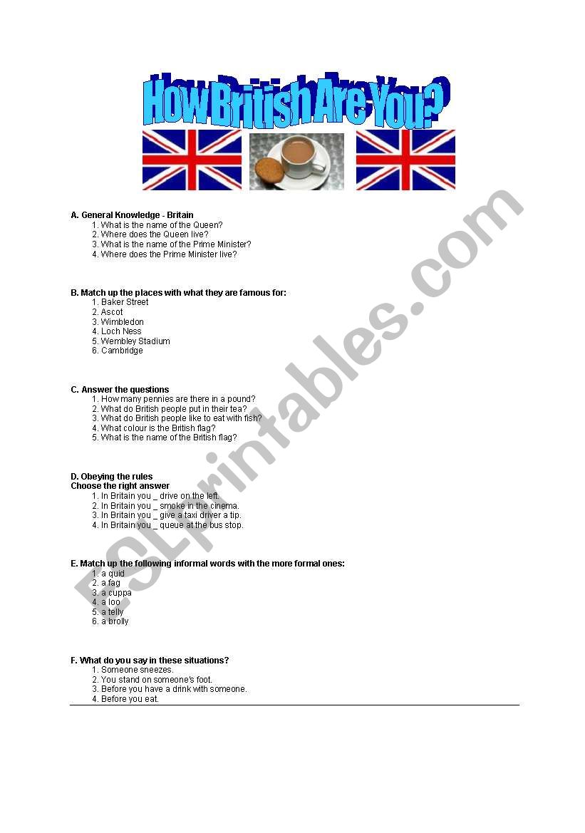 How British Are You Quiz worksheet