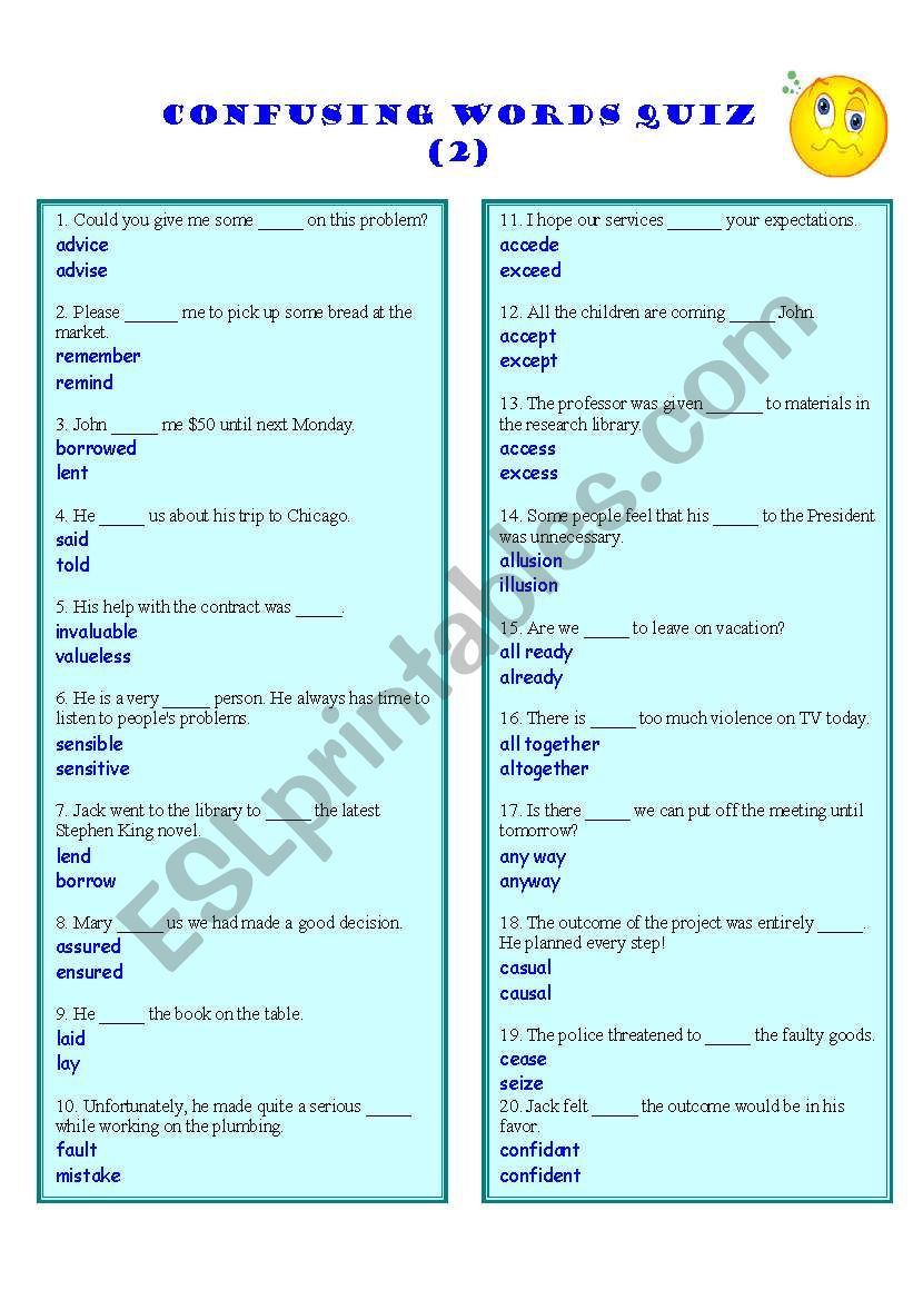 Confusing Words Quiz (2) worksheet