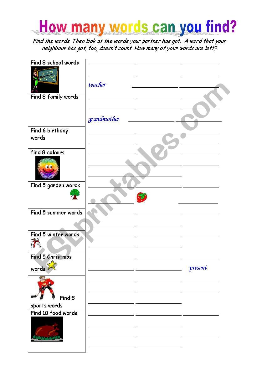 How many words can you find? worksheet