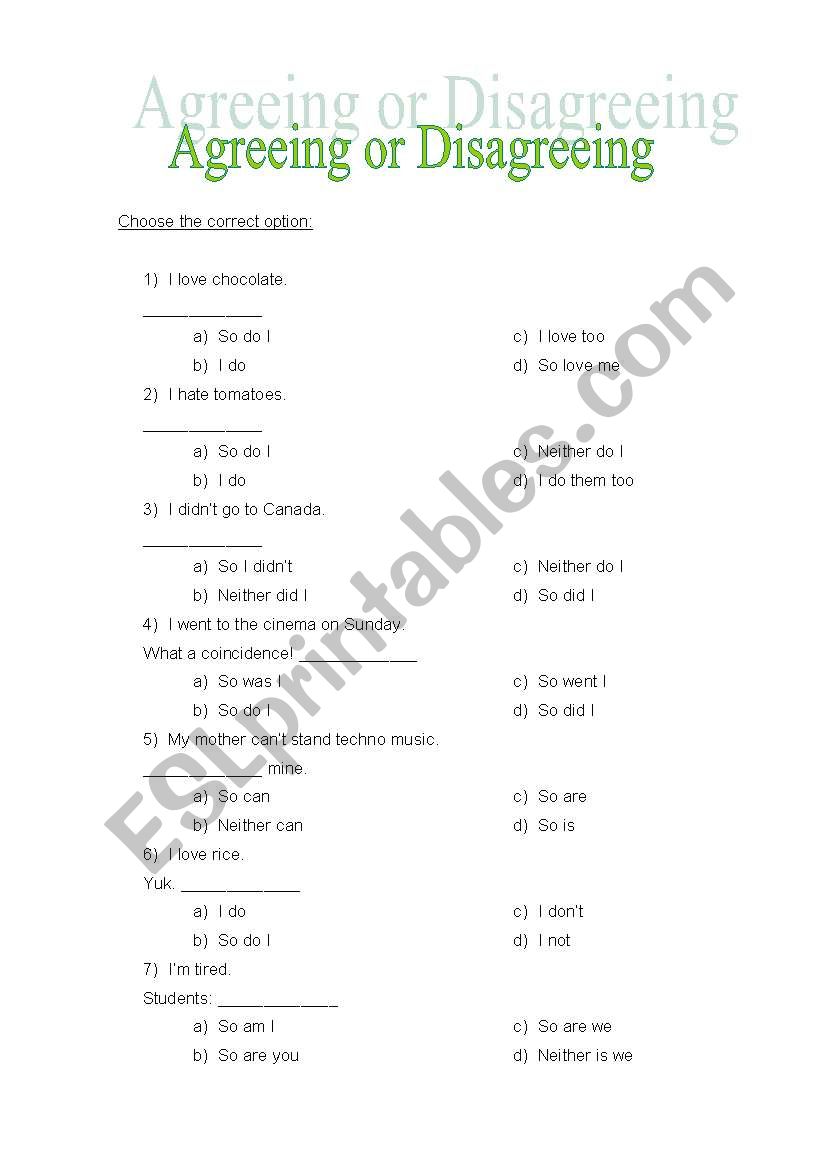 Agreeing or Disagreeing worksheet