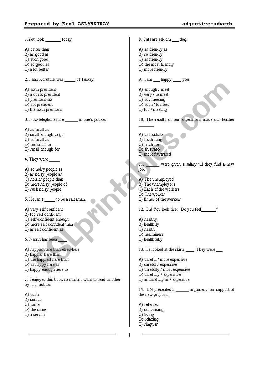 Adjectives and Adverbs Practice Tests